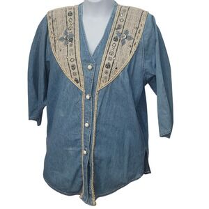 Charlie Casuals of California Embellished Denim Top Lace Trim Western Boho 1X-XL